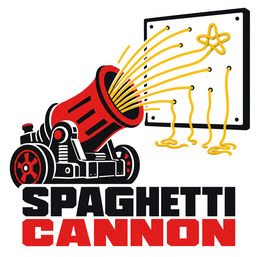 Spaghetti Cannon: a red cannon firing strands of spaghetti at a target board.